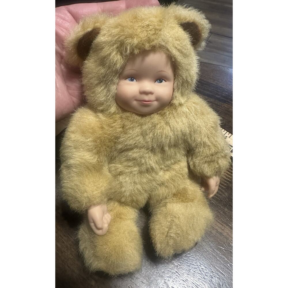 Anne Geddes Vintage Baby light brown bear plush New born doll 8" blue eyes